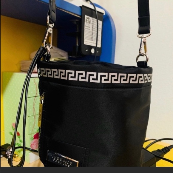 Versace Womens Nylon Metallic Drawstring Crossbody Bag Black Small Handbag Rare! - Picture 10 of 12